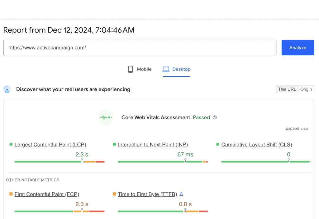 A screenshot of Google PageSpeed Insights being used to analyze the page load speed of a SaaS company's website.