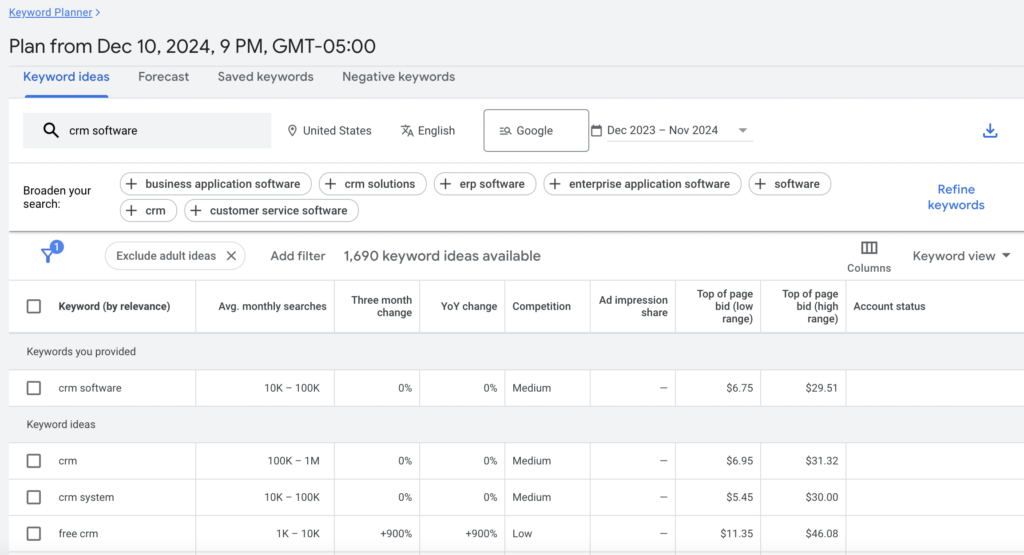 A screenshot of the google ads keyword planner being used for SaaS keyword research