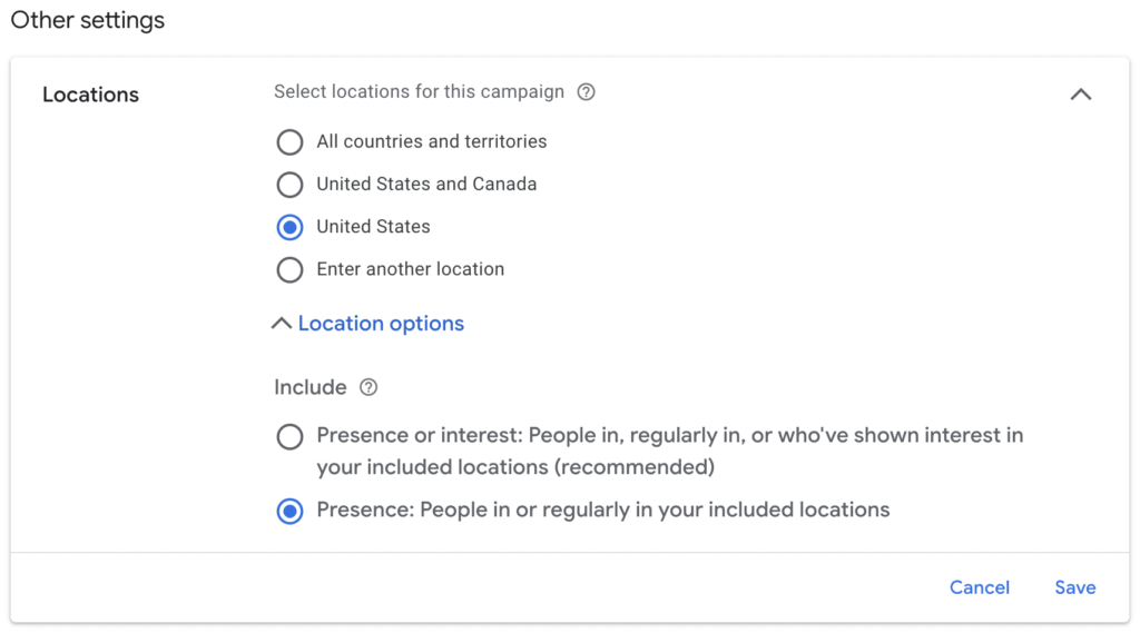 google ads location settings