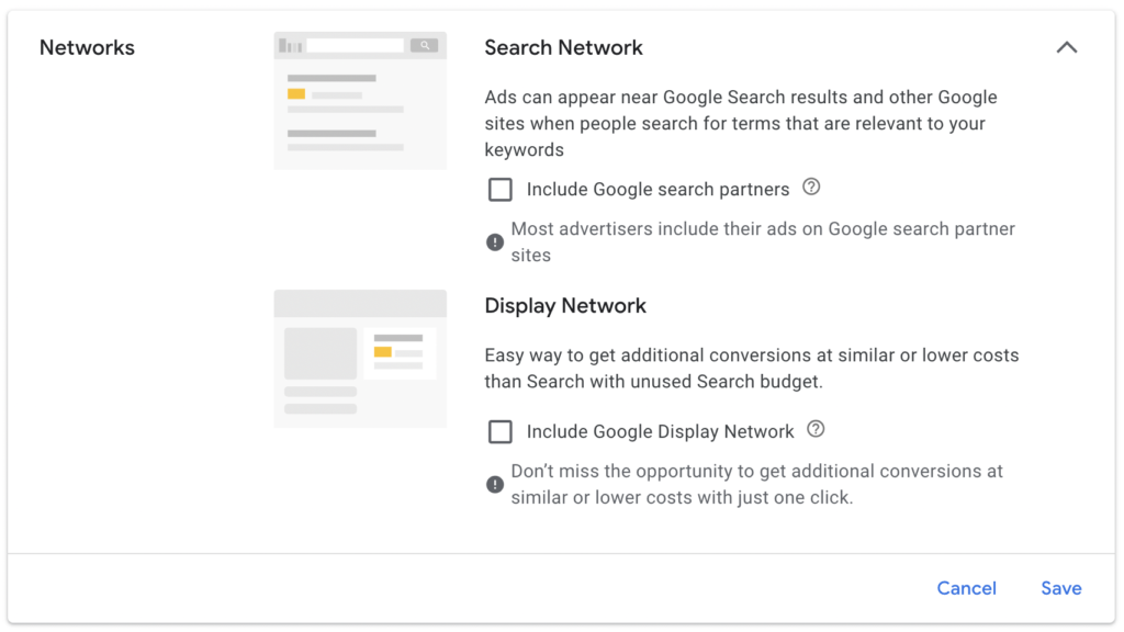 google ads network settings